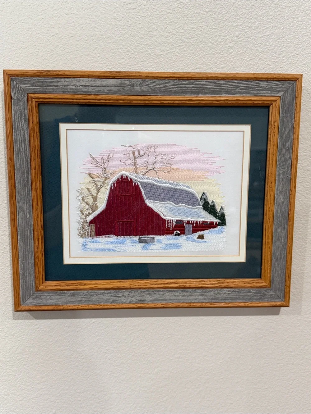 Vtg Needlepoint Embroidered Red Barn Winter Crewel Barn wood Frame Wall Hanging